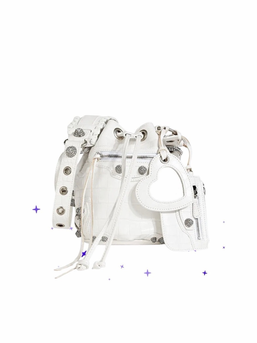 Balenciaga White Croc-Embossed Drawstring Bucket Bag with Heart Charm